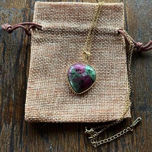 Gold plated Ruby Zoisite Crystal Heart with gold plated Stainless Steel Chain